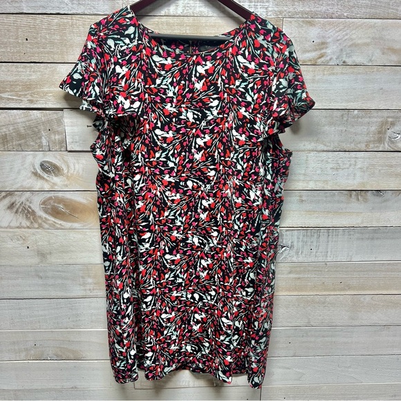 Tahari Dress Womens 1X Red Black Bird Print Flutter Sleeves Sheath‎ - Picture 1 of 10